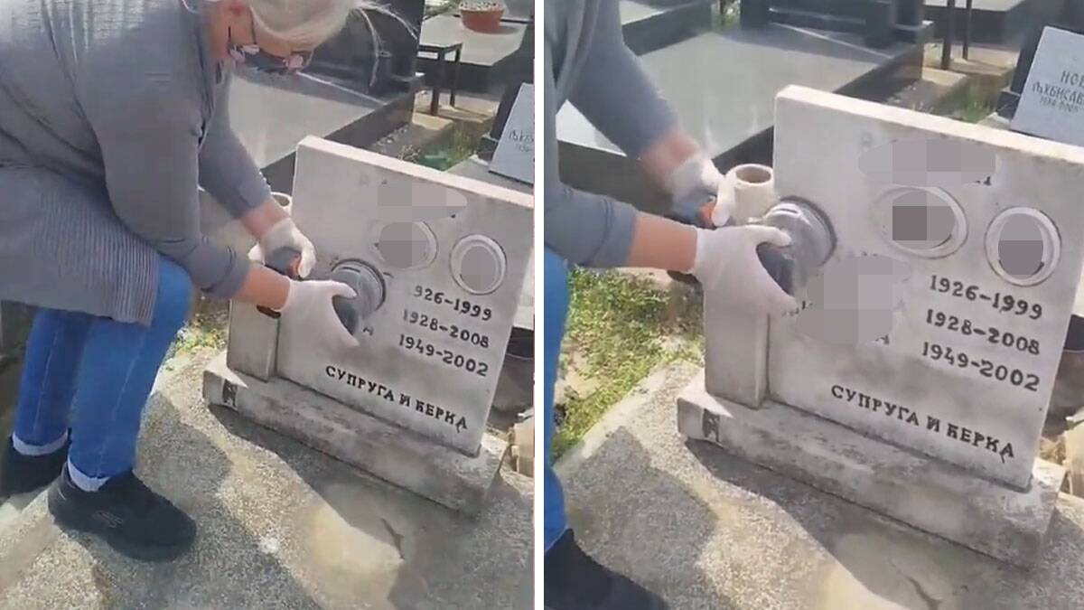 "Doznala je da se švalerisao": Viralni snimak sa groblja u Srbiji izazvao haos, mašinom mu skida ime sa groba (Video)