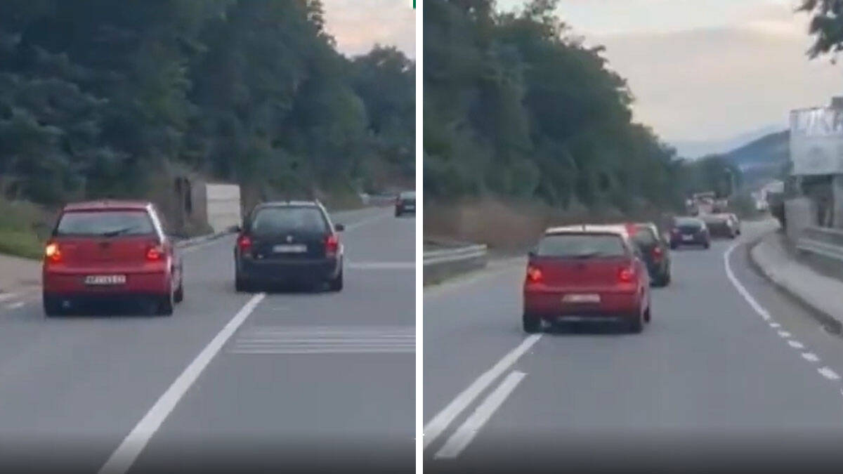 Zastrašujući snimak sa puta kod Novog Pazara: Crveni auto pretiče preko pune linije, a crni ga "blokira" (Video)