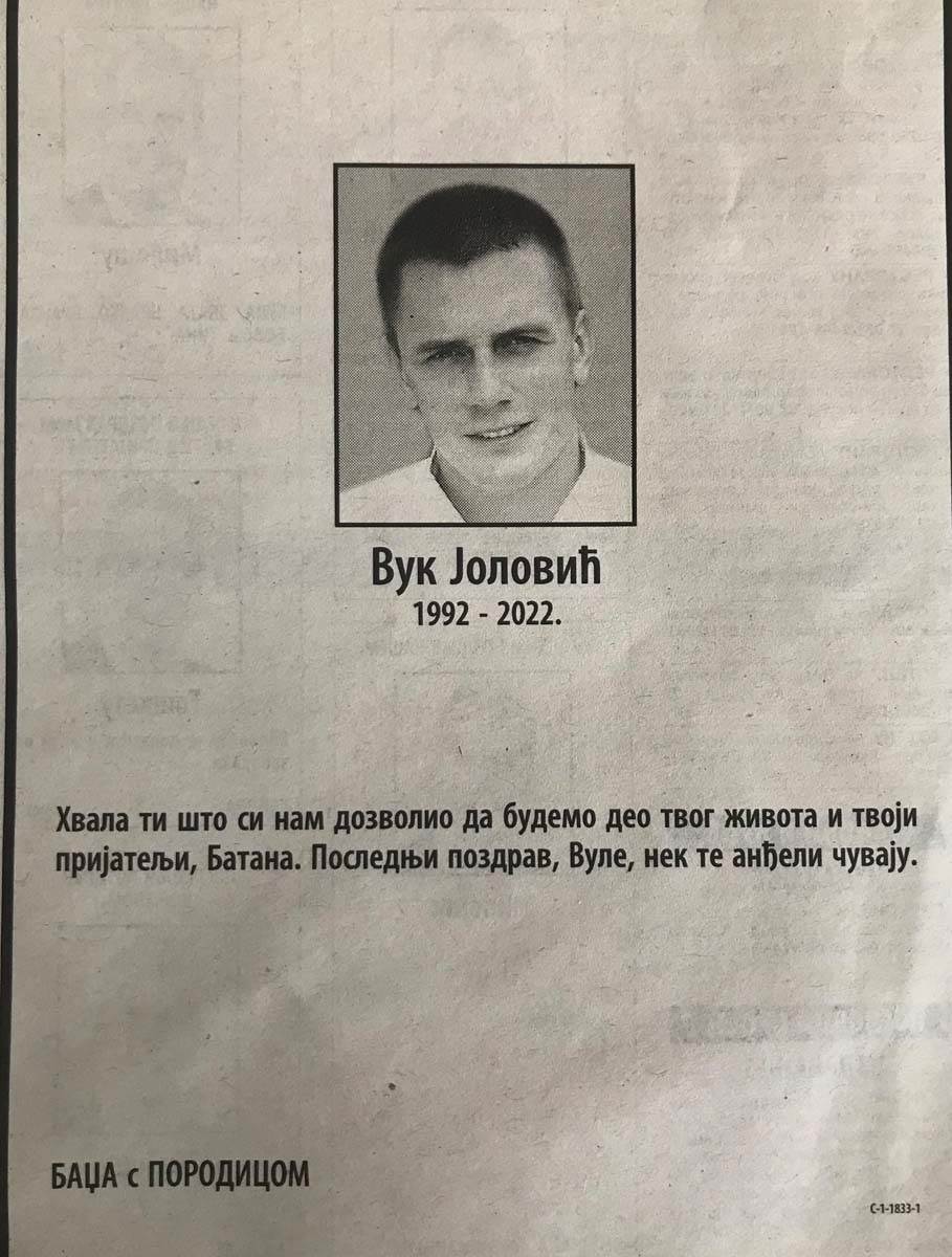 Čitulje za pilota Vuka Jolovića