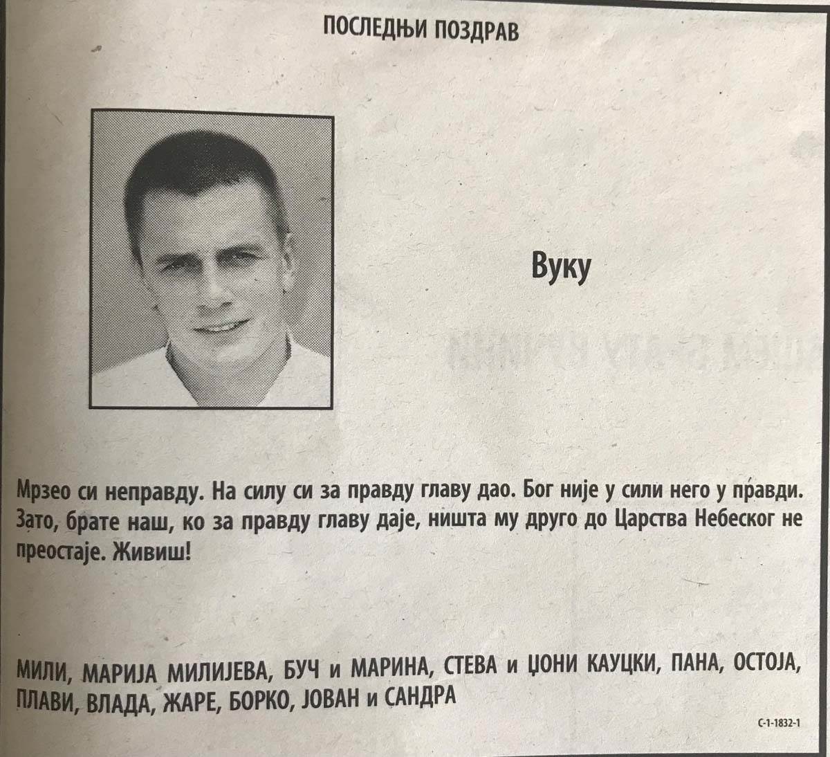 Čitulje za pilota Vuka Jolovića