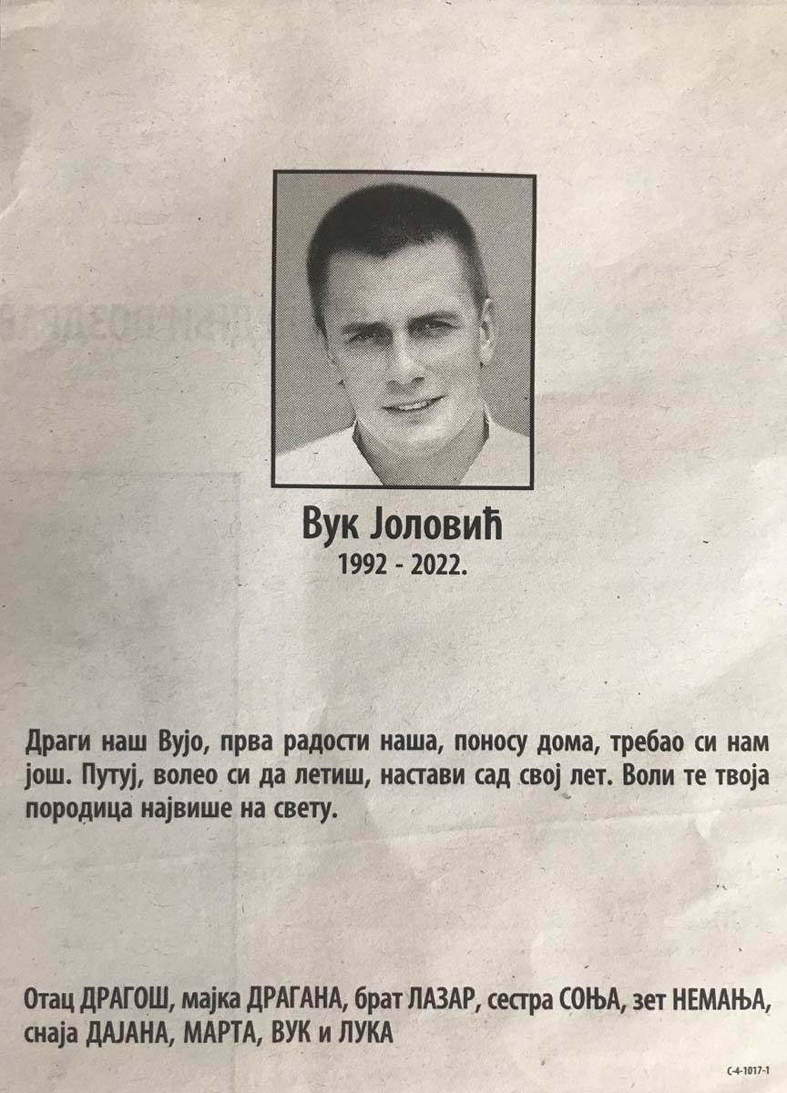 Čitulje za pilota Vuka Jolovića