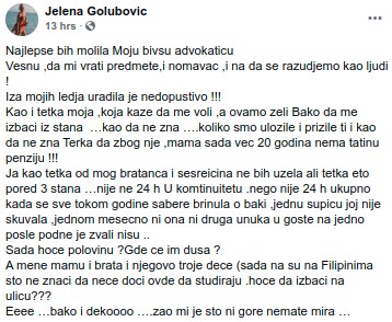 jelenu golubovic tetka hoce da izbaci iz stana
