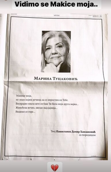 Damir Handanović čitulja za Marinu Tucaković