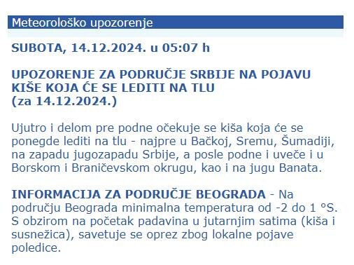 Vremenska prognoza 14.12.
