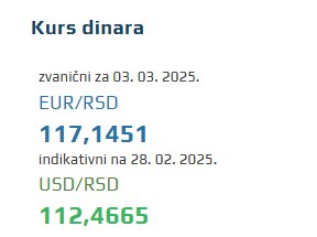 Srednji kurs evra 3 mart 2025