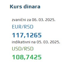 Srednji kurs evra 6 mart 2025