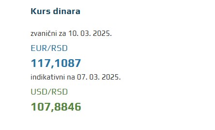 Srednji kurs evra 10 mart 2025