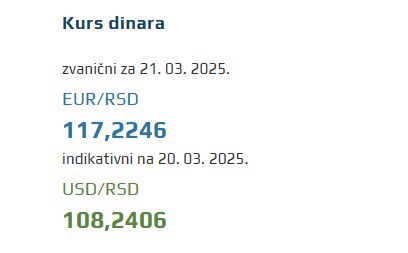 Srednji kurs evra 21 mart 2025