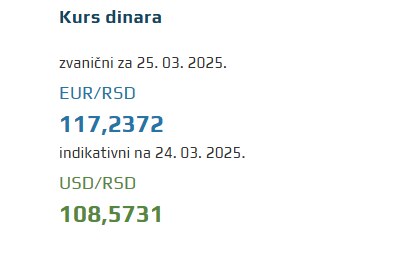 Srednji kurs evra 25 mart 2025