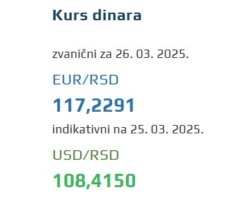 Srednji kurs evra 26 mart 2025