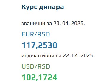 Srednji kurs evra 23 april 2025