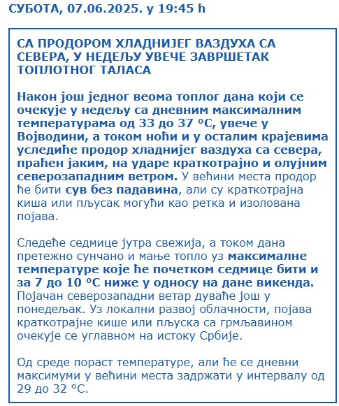 Vremenska prognoza RHMZ do sredine juna
