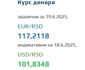 Srednji kurs evra 19 jun 2025