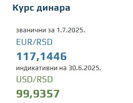 Srednji kurs evra 1 jul 2025
