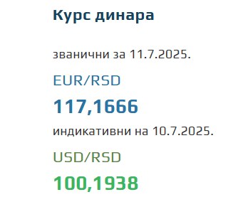 Srednji kurs evra 11 jul 2025