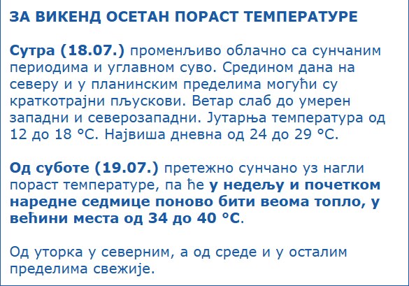 Vremenska prognoza RHMZ za vikend i sledeću nedelju