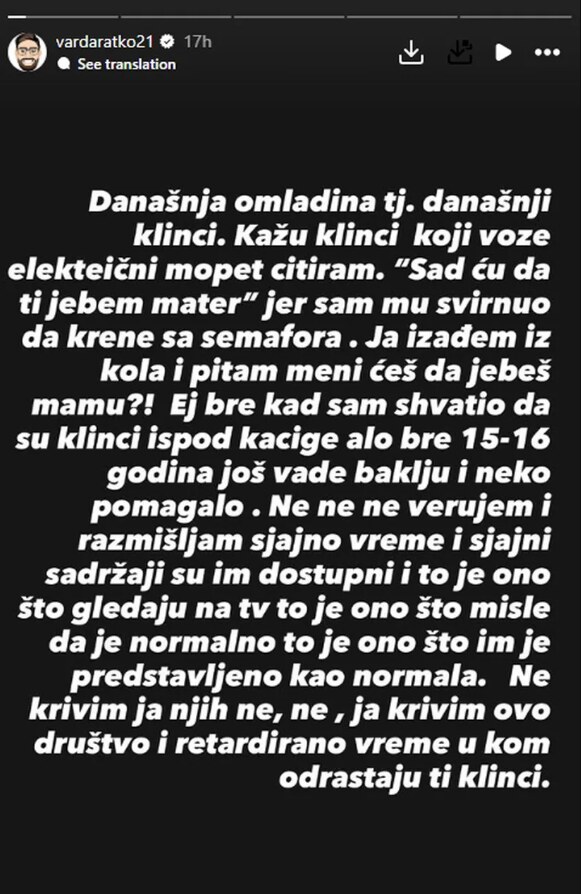 Objava Ratka Varde na Instagram storiju