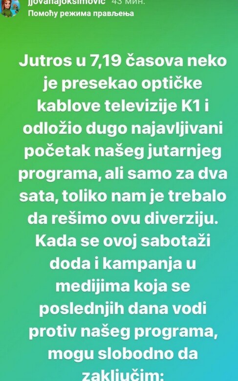 jovana joksimović poruka na instagramu