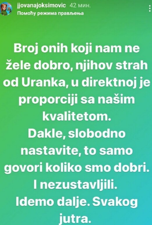jovana joksimović poruka na instagramu