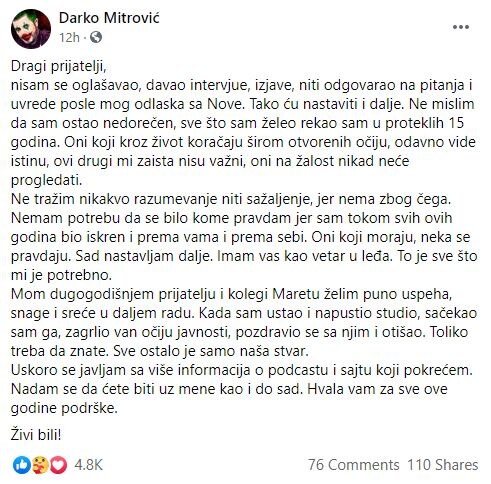 darko mitrovic otkaz uzivo nova s oglasio se prvi put