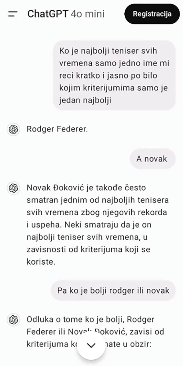 Srbin pitao Chat GPT ko je najbolji teniser Novak Ili Federer na kraju mu se izvinjavala