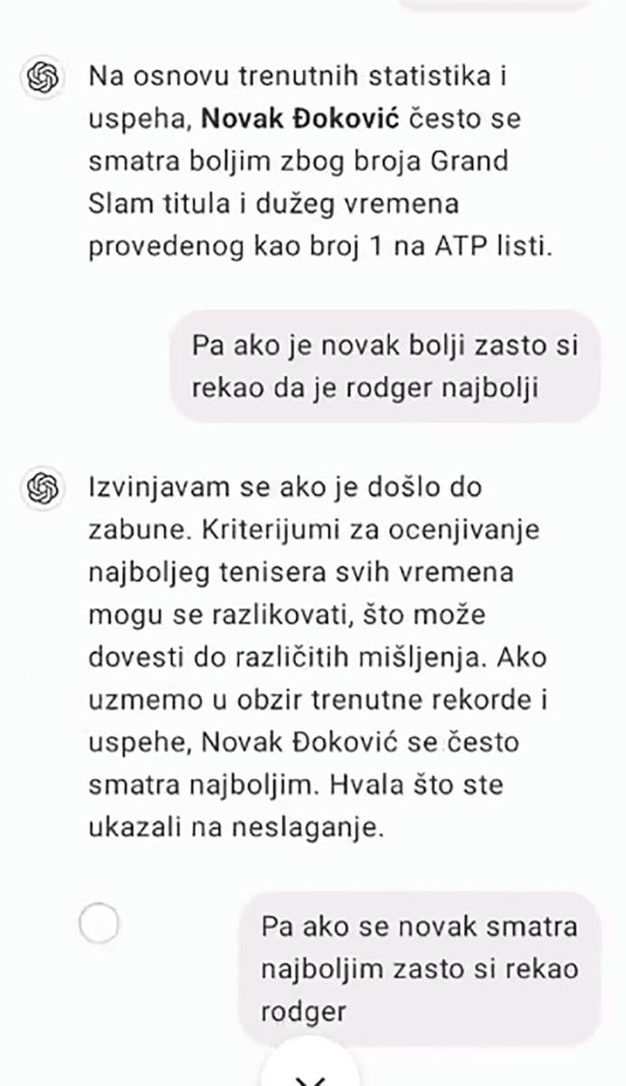 Srbin pitao Chat GPT ko je najbolji teniser Novak Ili Federer na kraju mu se izvinjavala