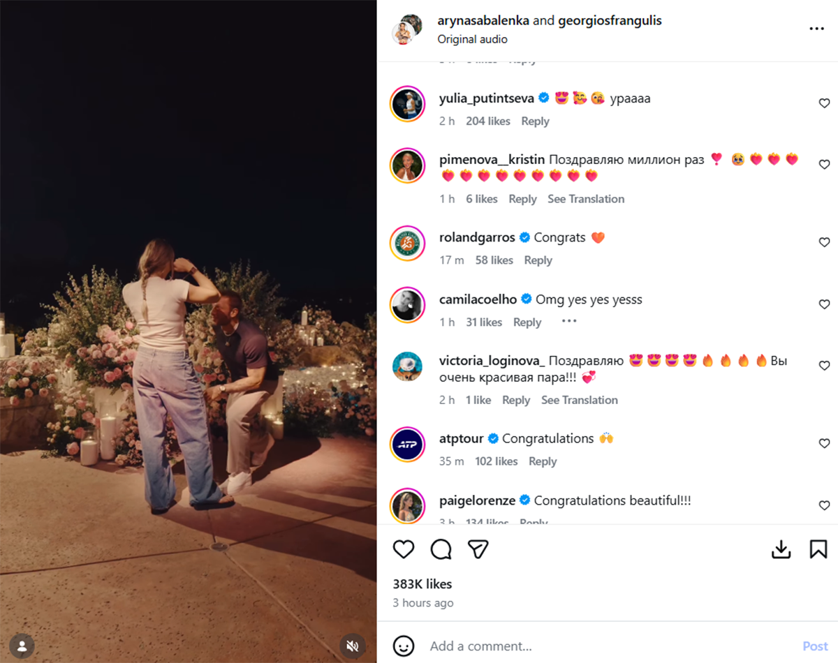 Arina Sabalenka čestitke za veridbu.