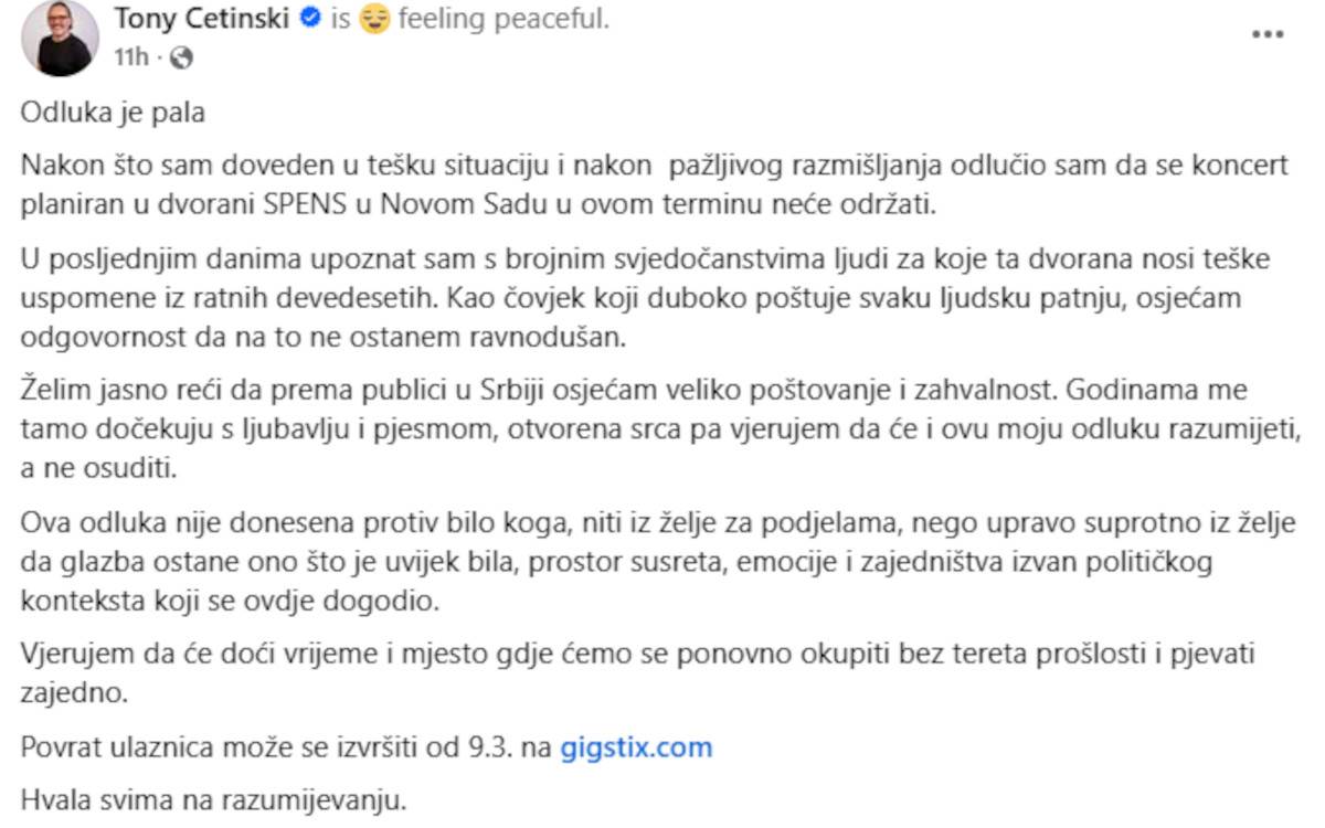 Toni Cetinksi otkazao koncert u NS