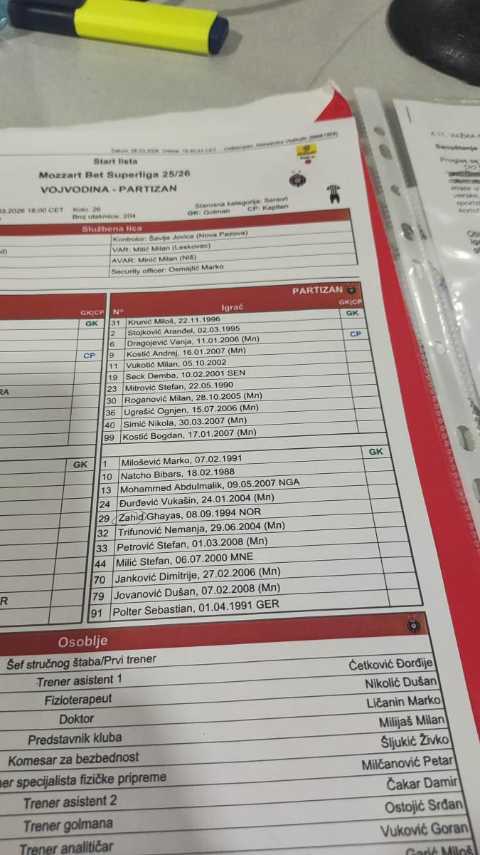 Zapisnik Vojvodina - Partizan