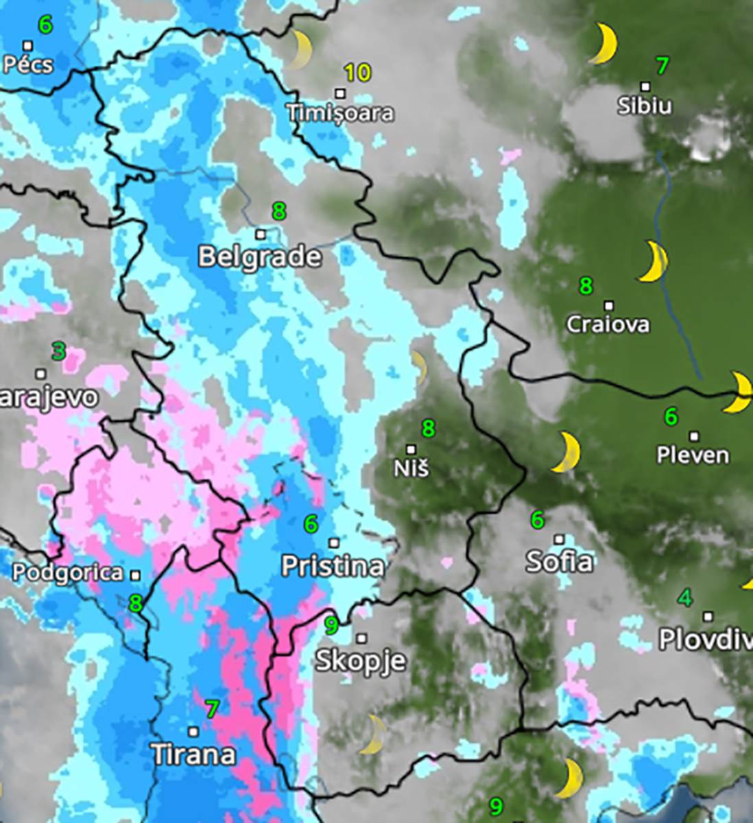 kretanje padavina u četvrtak u 3h