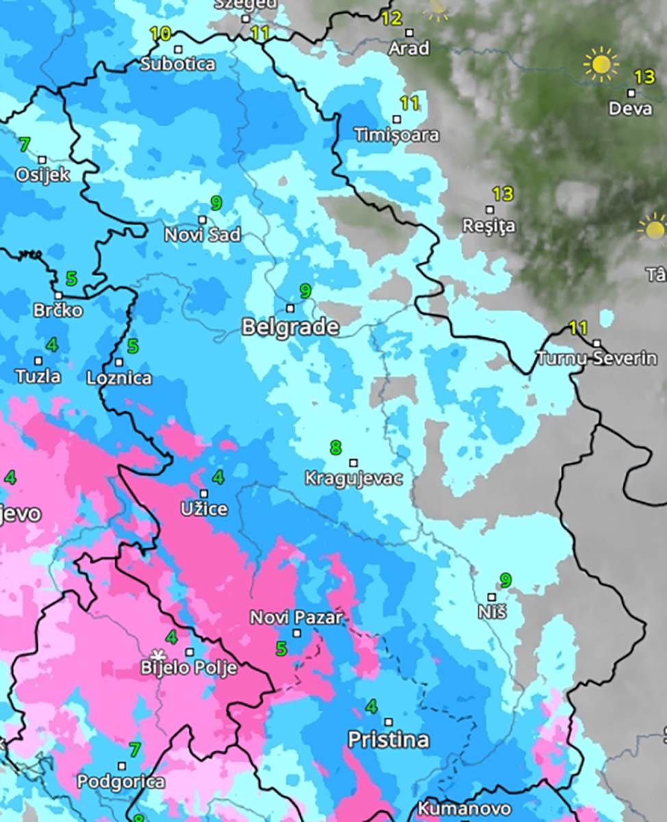 kretanje padavina u petak u 9h