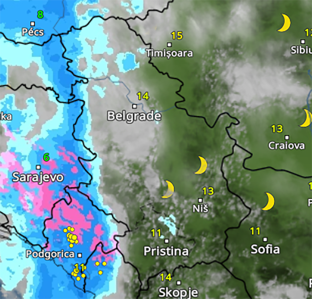 kretanje padavina u četvrtak u 20h
