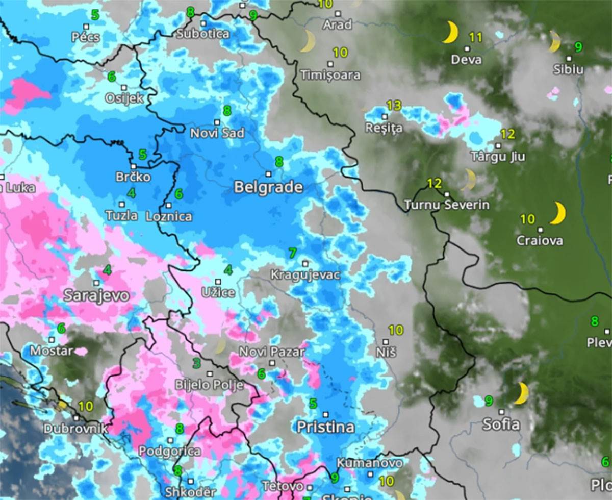 Kretanje padavina sutra u ponoć