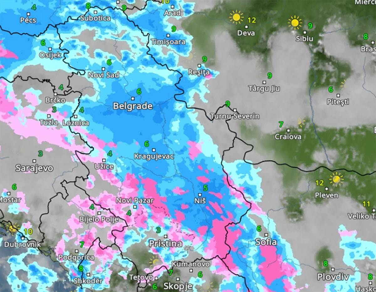 Kretanje padavina u petak u 8 časova