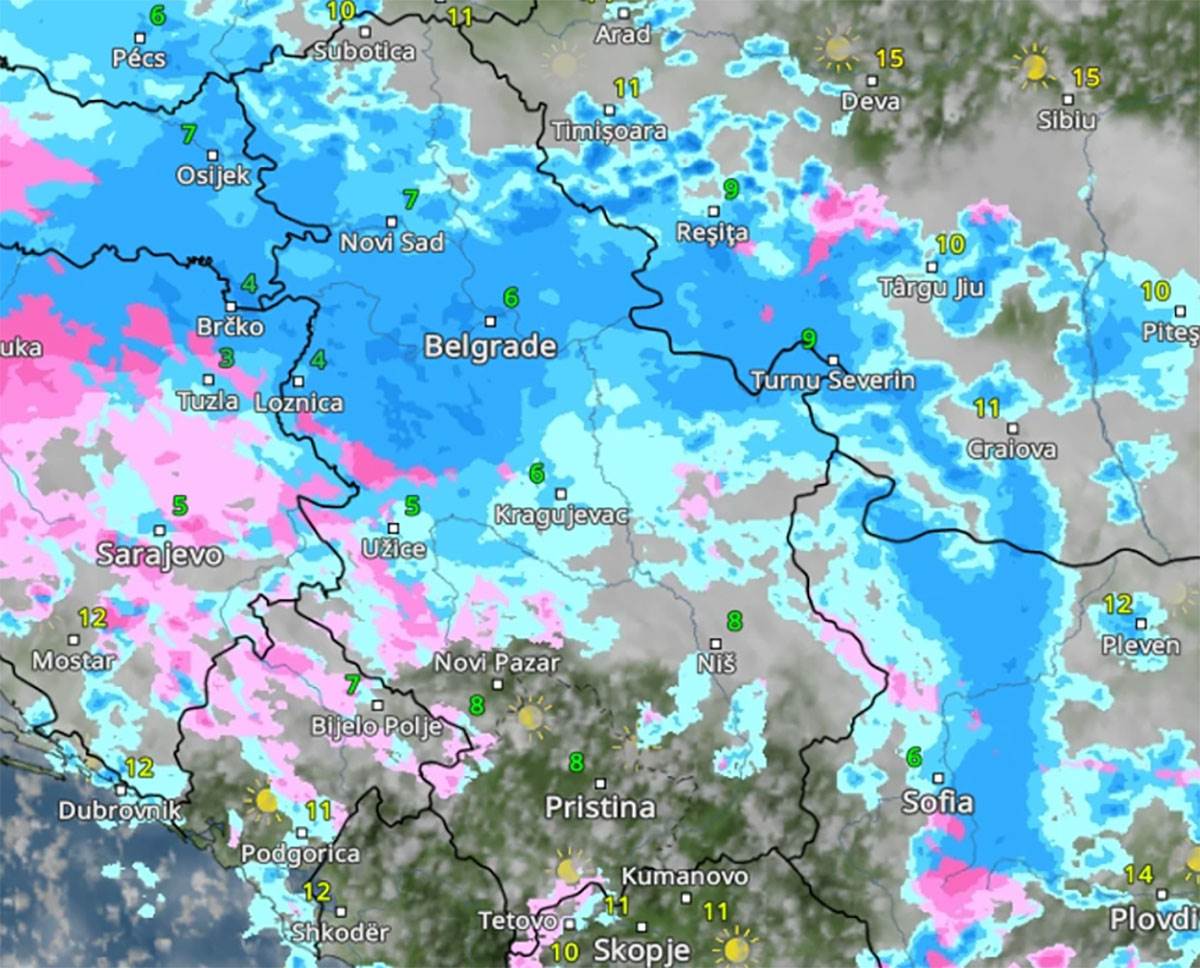 Kretanje padavina u petak u 12 časova