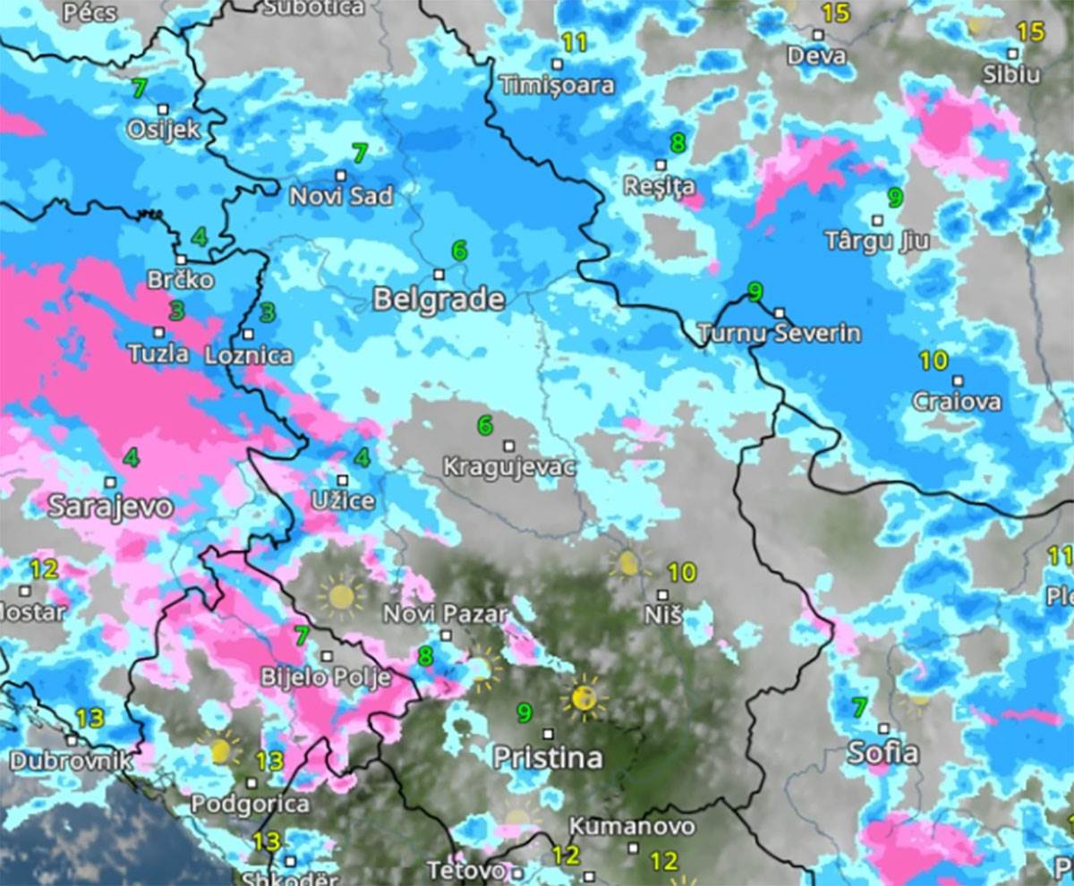 Kretanje padavina u petak u 14 časova