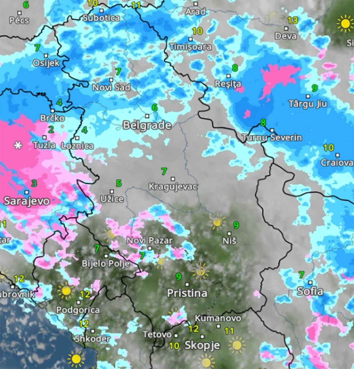 Kretanje padavina u petak u 16 časova
