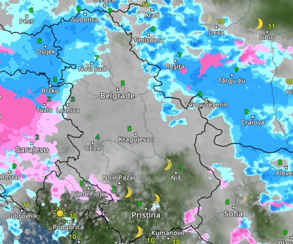 Kretanje padavina u petak u 18 časova