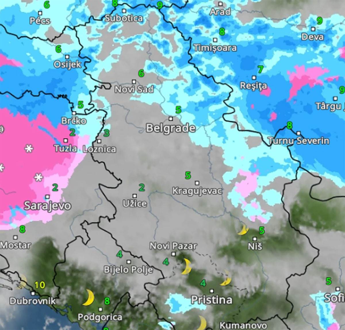 Kretanje padavina u petak u 20 časova
