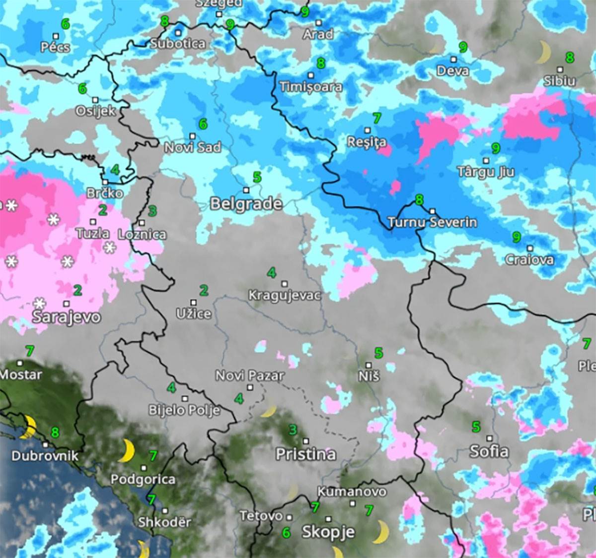 Kretanje padavina u petak u 22 časa