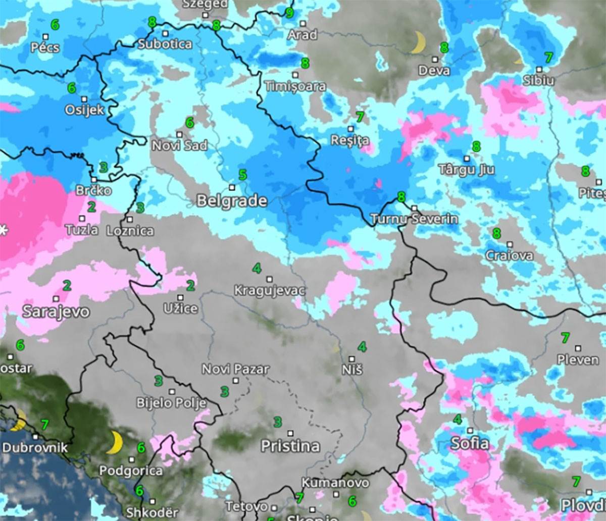 Kretanje padavina u petak u ponoć