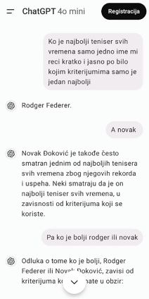 Srbin pitao Chat GPT ko je najbolji teniser Novak Ili Federer na kraju mu se izvinjavala