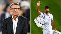 Mats Vilander gleda u kameru, a Novak Đoković diže ruku na Vimbldonu i pozdravlja se sa publikom.