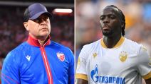 Vladan Milojević sa leve strane u plavoj trenerci i Šerif Endiaje u belom dresu Crvene zvezde.