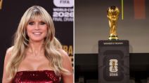 Hajdi Klum u crvenoj haljini i pehar Svetskog prvenstva u fudbalu.