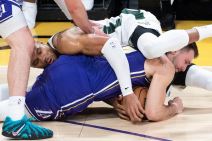 Luka Dončić i Janis Adetokumbo na meču Lejkersa i Milvokija u NBA ligi