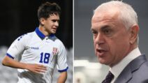 Ognjen Matanović sa leve strane u belom dresu Srbije, a sa desne Zvezdan Terzić krupan kadar.