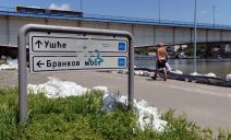 Nasip na savskom keju kod Beograda, ljudi šetaju pored džakova