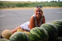Devojka iž Žablja prodaje lubenice na autoputu.