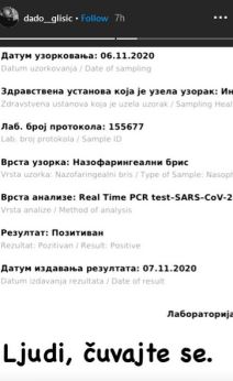 dado glisic korona virus pozitivan na koronu instagram foto